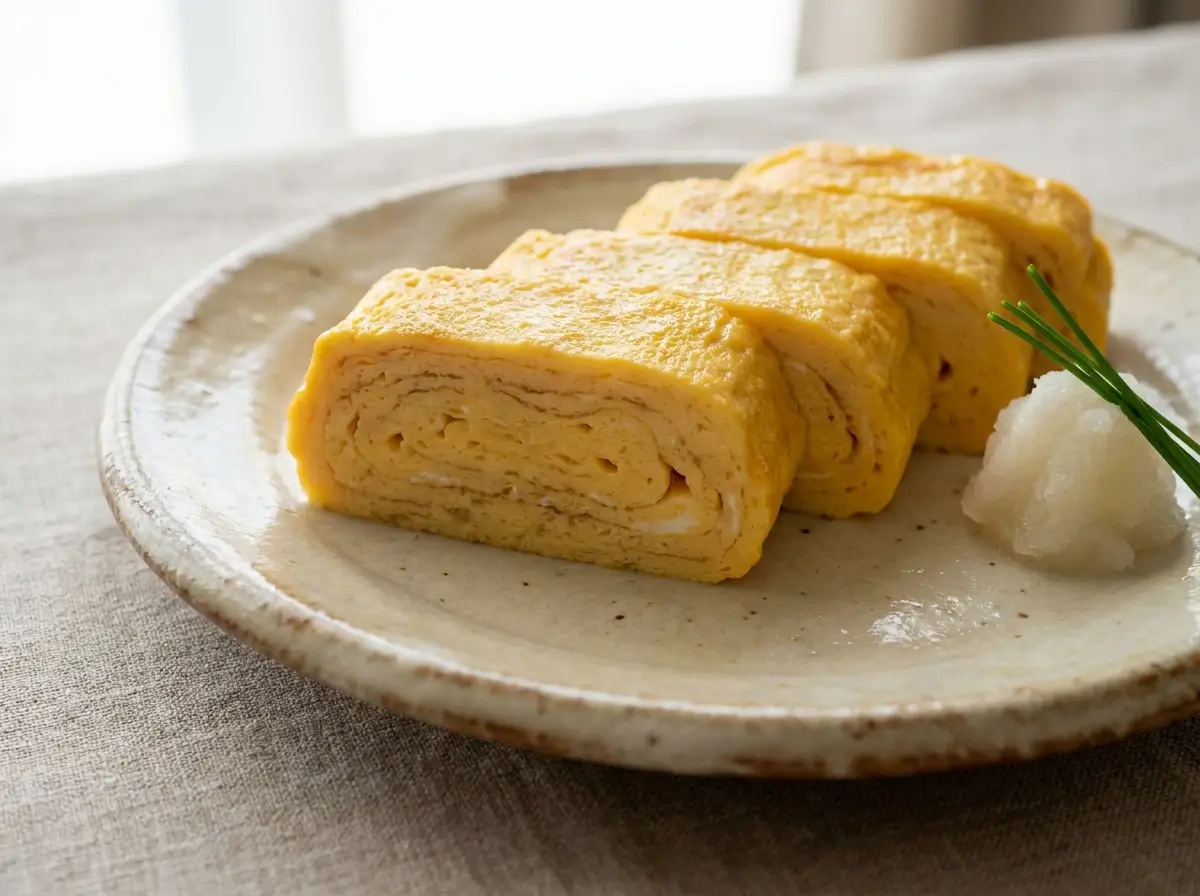 Sliced tamagoyaki Japanese rolled omelette with grated daikon