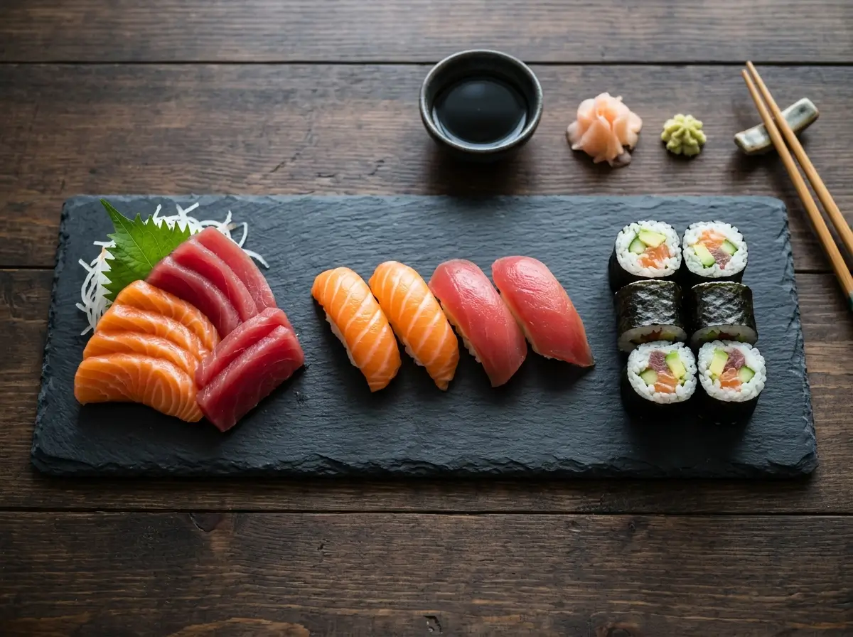 Three pieces of nigiri with salmon, tuna and shrimp on rice