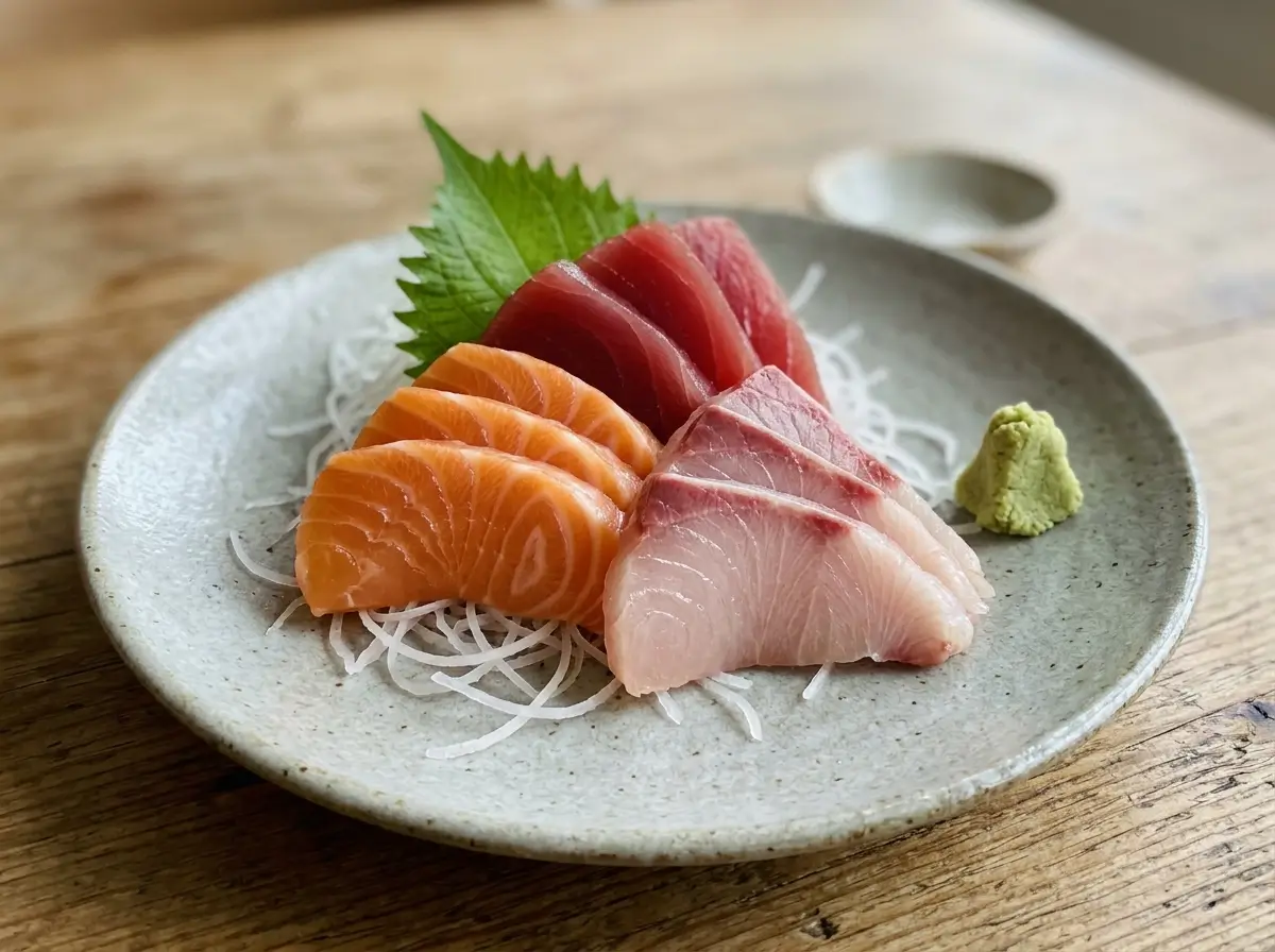 Sushi vs sashimi vs nigiri: sashimi plate with raw salmon, tuna and yellowtail