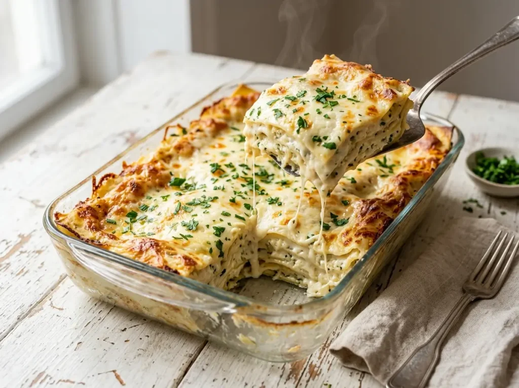 White sauce for lasagna: slice of white lasagna with creamy béchamel layers