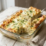 White sauce for lasagna: slice of white lasagna with creamy béchamel layers